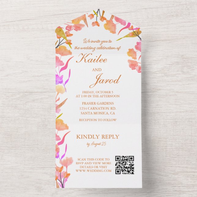 Bright Pink and Orange Wildflower QR Code All In One Invitation (Inside)