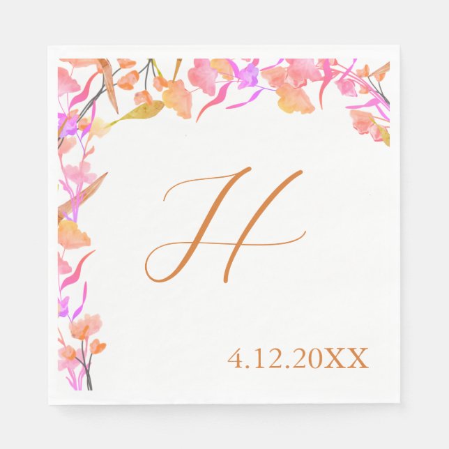 Bright Pink and Orange Wildflower Wedding Monogram Napkins (Front)