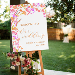 Bright Pink and Orange Wildflower Wedding Welcome Foam Board
