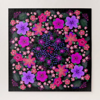 Bright Pink and Purple Boho Painted Flowers Jigsaw Puzzle