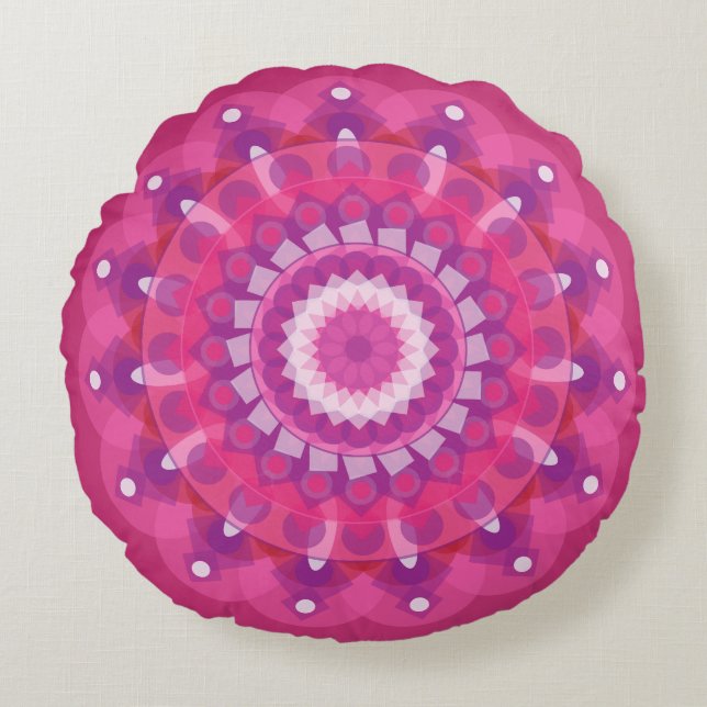 Bright Pink and Purple Mandala Round Pillow (Front)