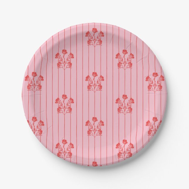 Bright Pink and Red Flower Stripes Paper Plates (Front)
