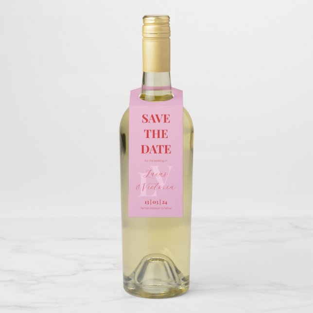 Bright Pink and Red Initial Wedding Save The Date Bottle Hanger Tag (On Bottle)