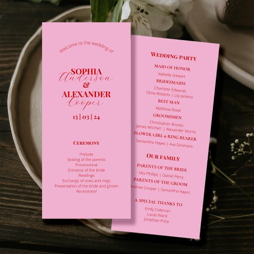 Bright pink and red minimalist Wedding Program 