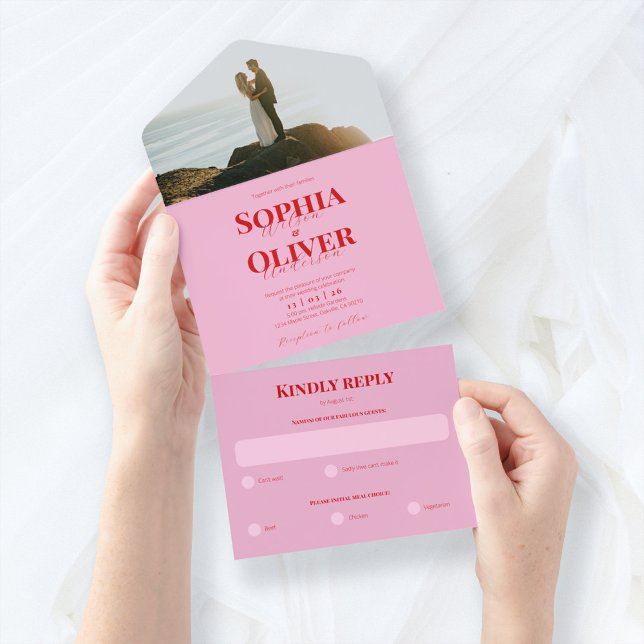 Bright pink and red photo wedding  all in one invitation (Creator Uploaded)