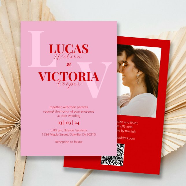Bright Pink and Red QR Code Photo Wedding Invitation (Creator Uploaded)