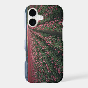 Bright pink and red tulips glow under dark iPhone 17 case
