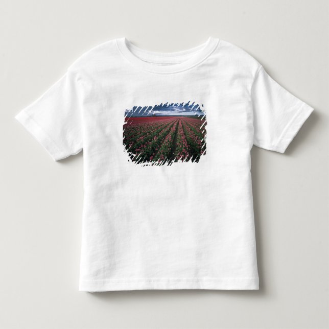 Bright pink and red tulips glow under dark toddler t-shirt (Front)