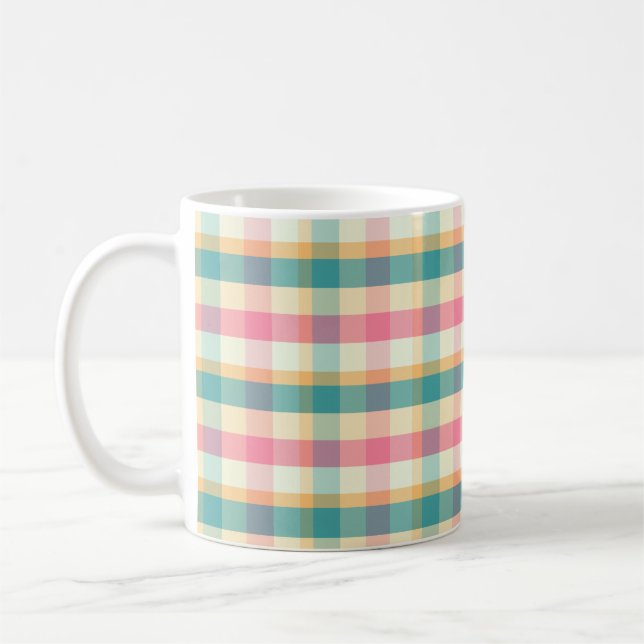 Bright Pink and Teal Plaid Weave Pattern Coffee Mug (Left)