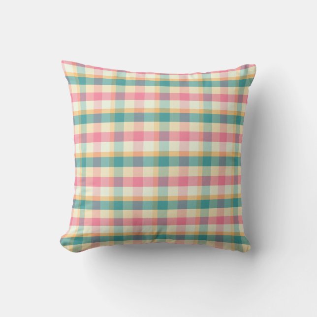 Bright Pink and Teal Plaid Weave Pattern Throw Pillow (Front)
