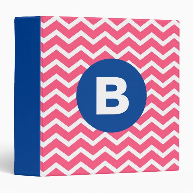Bright Pink and White Chevron Pattern Monogram 3 Ring Binder (Front/Spine)