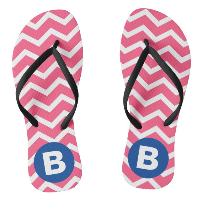 Bright Pink and White Chevron Pattern Monogram Flip Flops (Footbed)