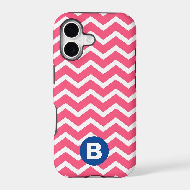 Bright Pink and White Chevron Pattern Monogram Iphone Case (Back)