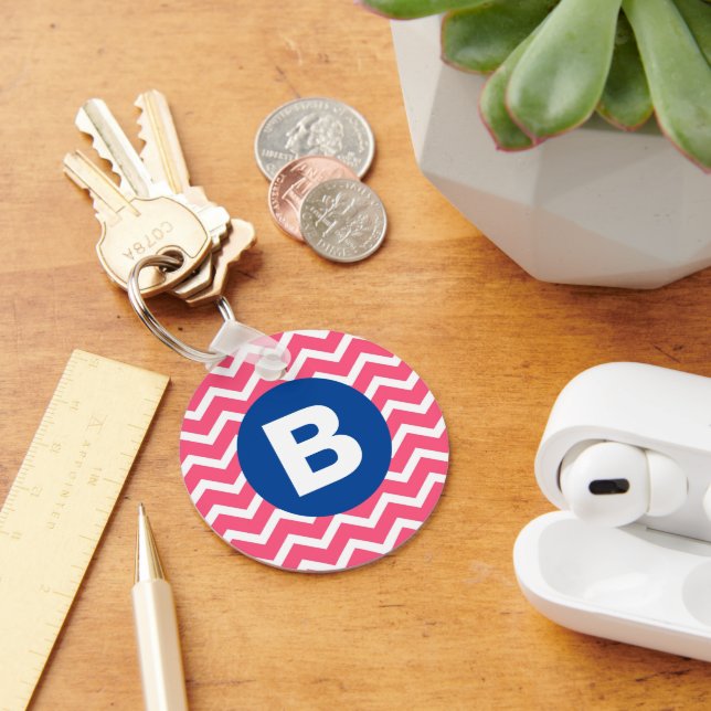 Bright Pink and White Chevron Pattern Monogram Keychain (Desk)