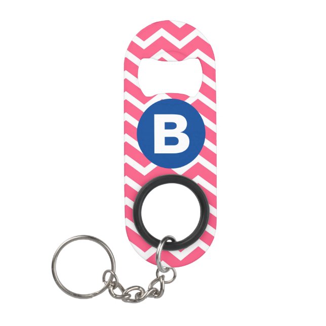 Bright Pink and White Chevron Pattern Monogram Keychain Bottle Opener (Front)