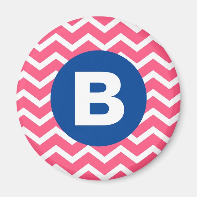 Bright Pink and White Chevron Pattern Monogram Magnet (Front)