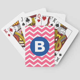 Bright Pink and White Chevron Pattern Monogram Poker Cards