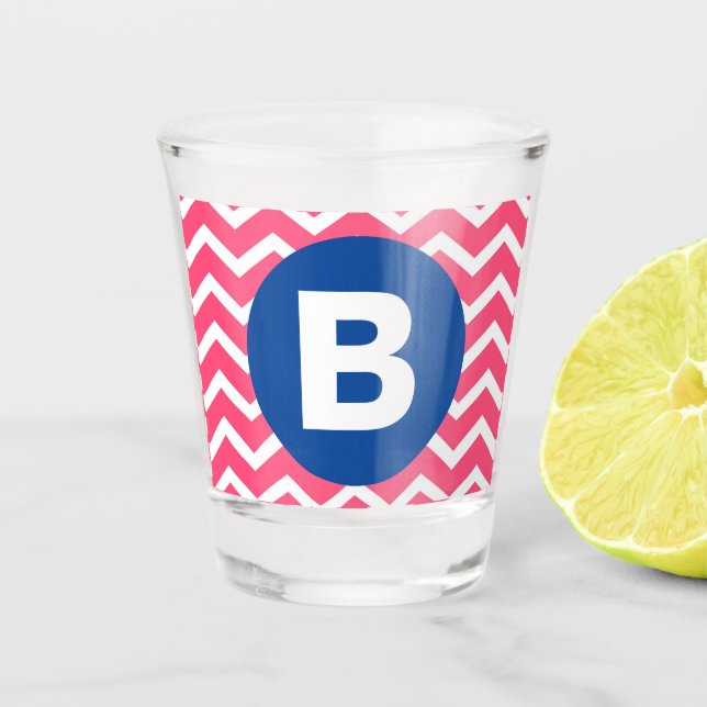 Bright Pink and White Chevron Pattern Monogram Shot Glass (Front)