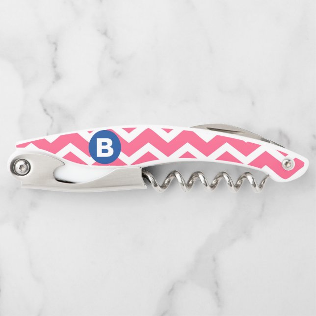 Bright Pink and White Chevron Pattern Monogram Waiter's Corkscrew (Front)