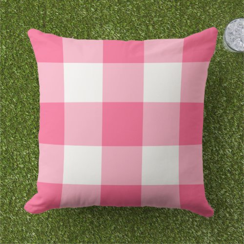 Bright Pink and White Gingham Plaid Pattern Outdoor Pillow