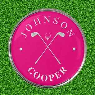 Bright Pink and White Golf Clubs Custom Name Ball Marker