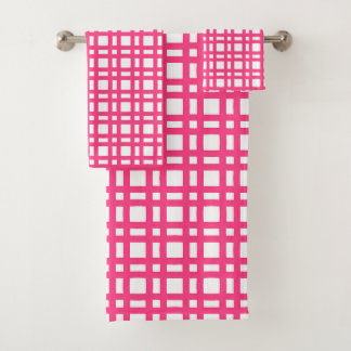 Bright pink and white grid trellis bath towel set