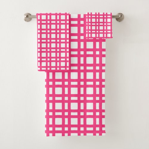 Bright pink and white grid trellis bath towel set