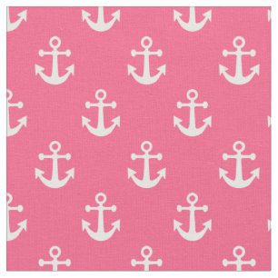 Bright Pink and White Nautical Anchors Pattern Fabric