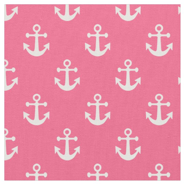 Bright Pink and White Nautical Anchors Pattern Fabric (Close Up)