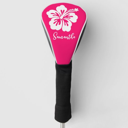 Bright Pink and White Personalized Hibiscus Floral Golf Head Cover