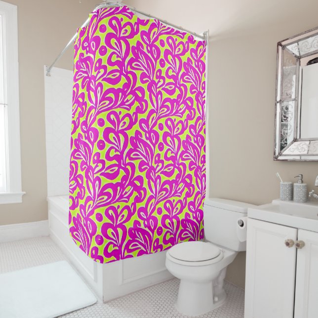 Bright Pink and Yellow Botanical Shower Curtain (In Situ)