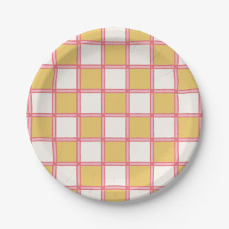 Bright Pink and Yellow Checkers Paper Plates
