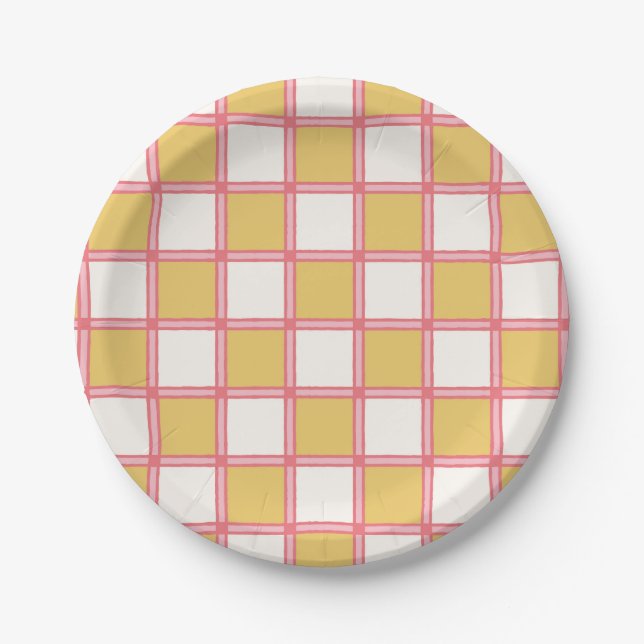 Bright Pink and Yellow Checkers Paper Plates (Front)