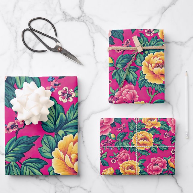 Bright Pink and Yellow Chinoiserie Floral Wrapping Paper Sheets (Front)