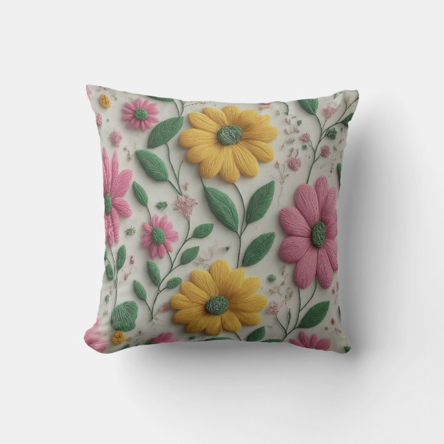 Bright Pink and Yellow Floral Embroidery Style Art Throw Pillow (Front)