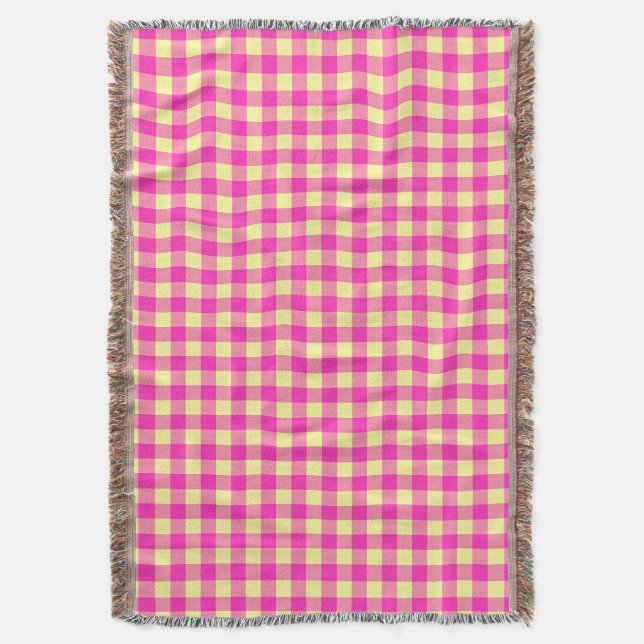 Bright Pink and Yellow Gingham Checkerboard  Throw Blanket (Front Vertical)
