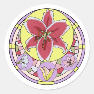 Bright Pink and Yellow Lily flower stain glass Classic Round Sticker