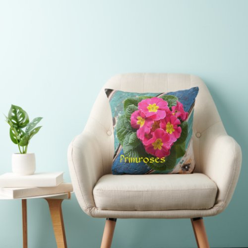 Bright Pink and Yellow Primroses Blue Customizable Throw Pillow