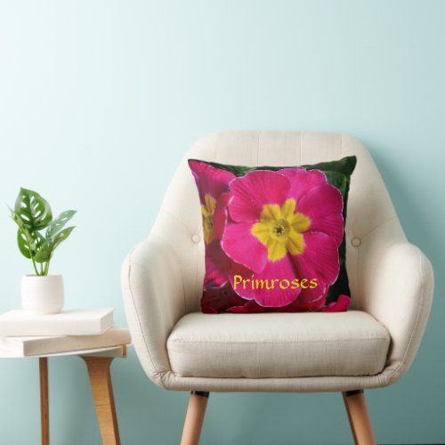 Bright Pink and Yellow Primroses Botanical Floral Throw Pillow
