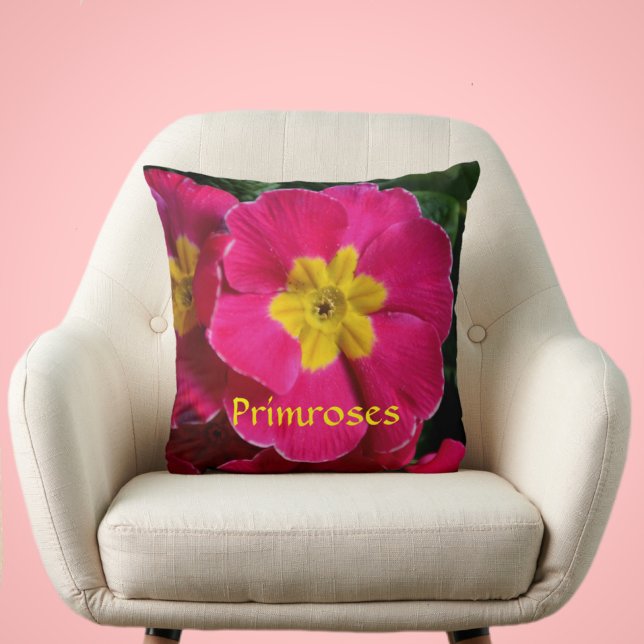 Bright Pink and Yellow Primroses Botanical Floral Throw Pillow (Creator Uploaded)