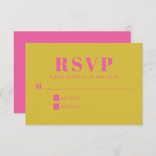 Bright Pink and Yellow Typography Modern Wedding RSVP Card (Front/Back)