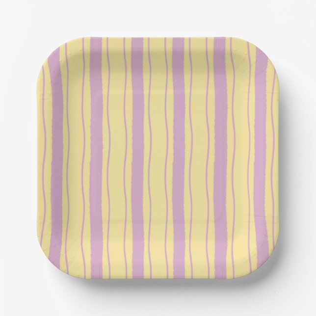 Bright Pink and Yellow Wavy Stripes Paper Plates (Front)