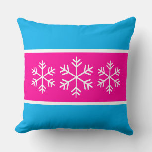 Bright Pink Azure Stripes White Alpine Snowflakes Throw Pillow