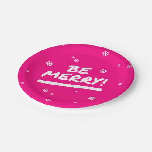 Bright Pink Be Merry Christmas Party Paper Plates