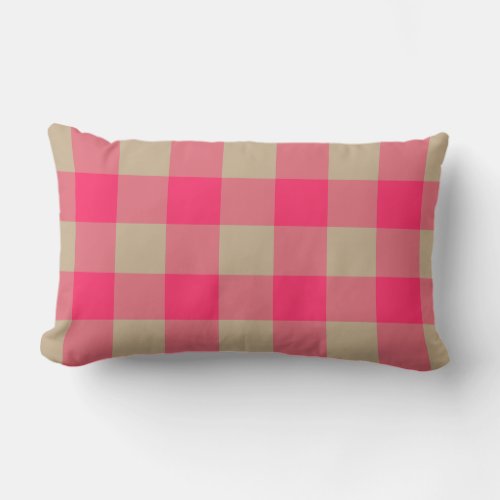 Bright Pink Beige Gingham Check Pattern Lumbar Pillow