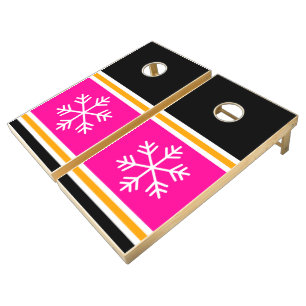 Bright Pink Black Stripes White Nordic Snowflakes Cornhole Set