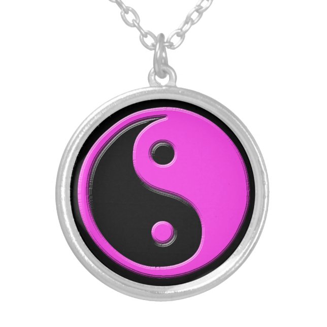 Bright Pink Black Yin Yang Silver Plated Necklace (Front)