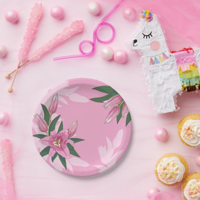 Bright Pink Blooming Lily  Paper Plates (Party)