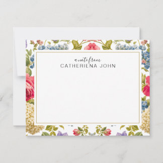 Bright Pink Blue English Rose Garden Personalized Note Card