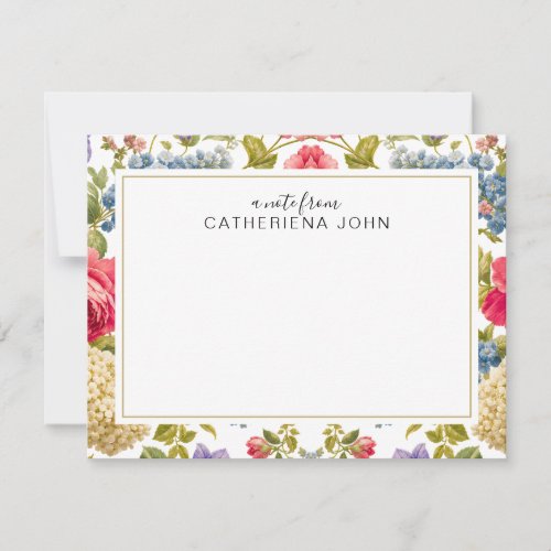 Bright Pink Blue English Rose Garden Personalized Note Card